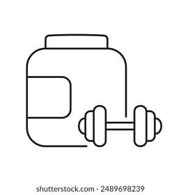 Protein Powder Container And Dumbbell Line Icon. Bodybuilding, Muscle Building, Fitness Supplement Outline Symbol. Isolated Vector Illustration.