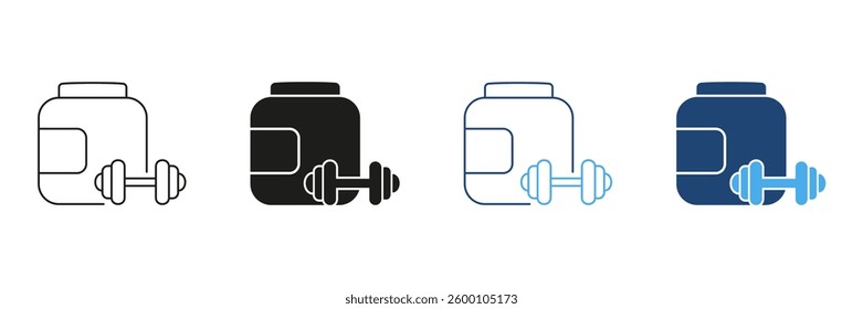 Protein Powder Container And Dumbbell Line and Silhouette Icon Set. Bodybuilding, Muscle Building, Fitness Supplement Outline and Solid Symbol. Editable Stroke. Isolated Vector Illustration.