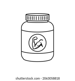 Protein Powder Container With Muscle Symbol For Fitness Concept In Outline Vector Icon