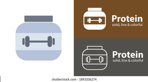 Protein powder jar. Bodybuilding food supplement isolated vector flat icon with sport solid, line icons