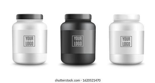 Protein powder plastic packaging mockups set, realistic vector illustration isolated on white background. Black and white sportive nutrition containers template.
