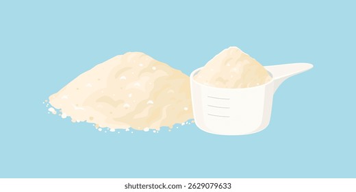 Proteína em pó e colher isolados sobre fundo branco. Ilustração plana em desenho animado de vetor. Ícone do suplemento de aptidão.