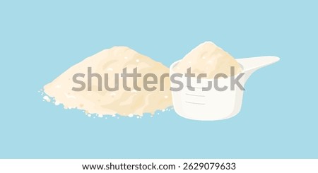Protein powder and scoop isolated on white background. Vector cartoon flat illustration. Fitness supplement icon.