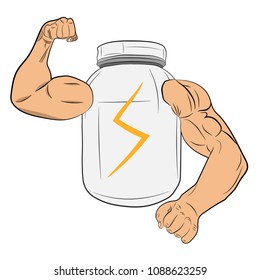 protein power energy jar with muscle hands vector drawing illustration