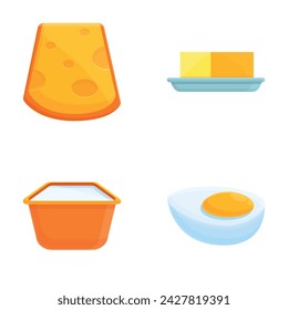Protein product icons set cartoon vector. Milk, cheese, butter and egg. Farm organic food