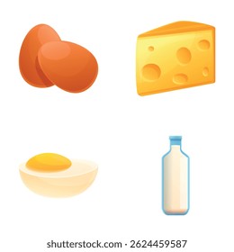 Protein product icons set cartoon vector. Fresh egg, milk and cheese. Healthy food