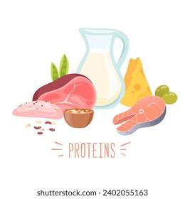 Ilustración vectorial de productos proteínicos. Proteínas carne, pescado, leche, queso, pollo, oliva, guisantes. Dieta nutritiva compleja de productos naturales orgánicos. Estilo de vida saludable. Ración diaria.