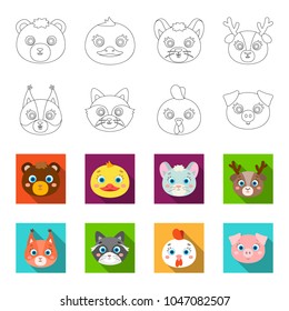 Protein, raccoon, chicken, pig. Animal s muzzle set collection icons in outline,flet style vector symbol stock illustration web.