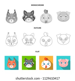 Protein, raccoon, chicken, pig. Animal muzzle set collection icons in flat,outline,monochrome style vector symbol stock illustration web.