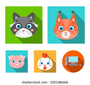Protein, raccoon, chicken, pig. Animal's muzzle set collection icons in flat style vector symbol stock illustration web.