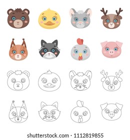 Protein, raccoon, chicken, pig. Animal's muzzle set collection icons in cartoon,outline style vector symbol stock illustration web.