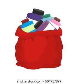 Protein in red sack of Santa Claus. Big bag with packages of sports nutrition. Gift for Christmas bodybuilder. Fitness present for new year
