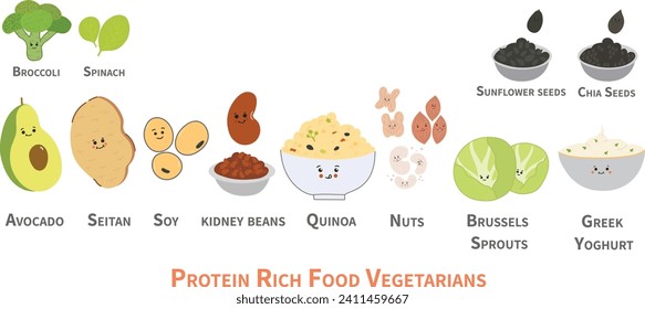 Protein Rich Food For Vegetarians, vegan diet,vector isolated,cute food illustration,healthy lifestyle,fit protein rich food.