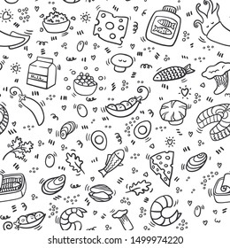 Protein seamless pattern. Background with healthy food and nutrition. Outline food pattern with pork, meat, shrimp, egg, cheese, sausage, fish. Healthy food texture for textile, linen, menu.
