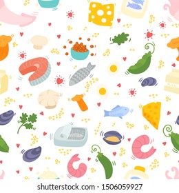 Protein seamless pattern color. Seamless pattern with healthy food and nutrition. Food pattern with shrimp, egg, cheese, fish. Healthy food texture for textile, linen, fabric. Flat style vector
