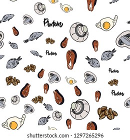 Protein seamless pattern with mushroom, almond, egg, salmon steak and dorado fish on white background. Vector illustration for ads, menu and web banner designs. Organic and healthy food concept.