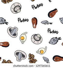 Protein seamless pattern with mushroom, almond, egg, salmon steak and dorado fish on white background. Vector illustration for ads, menu and web banner designs. Organic and healthy food concept.