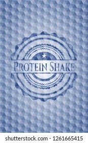 Protein Shake blue badge with geometric pattern background.