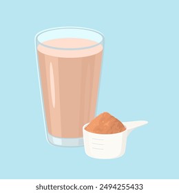 Protein shake with chocolate flavour. Drink in glass and protein powder in measuring spoon. Vector cartoon flat illustration.