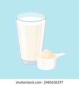 Protein shake in glass and powder in spoon. Sport supplement. Vector cartoon flat illustration