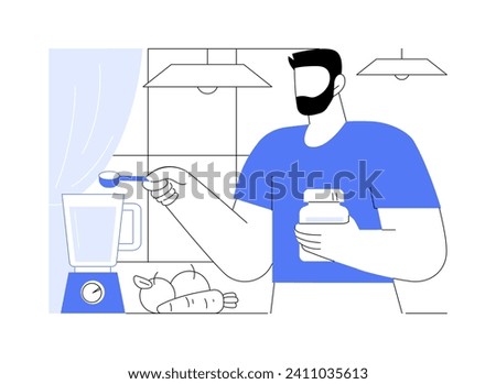 Protein shake isolated cartoon vector illustrations. Muscular body man makes protein cocktail, pouring powder into a blender, superfoods addiction, sport drink, healthy nutrition vector cartoon.