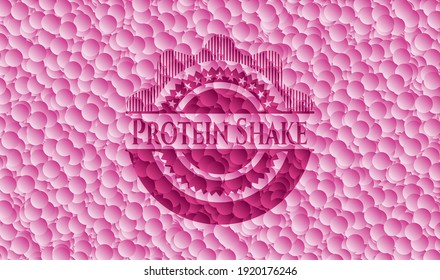 Protein Shake pink emblem with bubbles background. Vector Illustration. Detailed. 