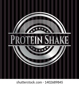 Protein Shake silvery emblem or badge. Vector Illustration. Mosaic.
