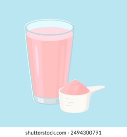Protein shake with strawberry flavour. Drink in glass and protein powder in measuring spoon. Vector cartoon flat illustration.