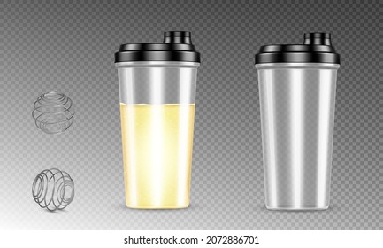 Protein shaker with blender ball, full and empty cups for sports nutrition and gainer drinks. Plastic bottles with metal spring spheres, mixer for gym fitness, bodybuilding, Realistic 3d vector mockup