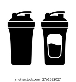 Protein shaker bottle icon set. Fitness, gym, and nutrition supplement container. Empty and full black glyphs