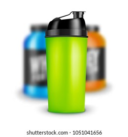 Protein shaker design template. Two colors sport bottles. Shaker bottle for gym bodybuilding.