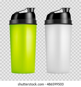 Protein Shaker Design Template. Two Colors Sport Bottles. Shaker Bottle Isolated For Gym Bodybuilding.