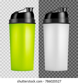 Protein shaker design template. Two colors sport bottles. Shaker bottle isolated for gym bodybuilding.