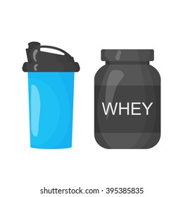 Protein and shaker icon isolated on the white background. Sports equipment illustration set for gym or fitness club flayers in flat design.