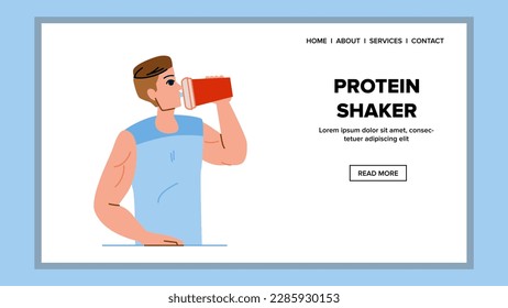 vector man de agitador de proteínas. cuerpo del atleta, ajuste del culturista, entrenamiento en gimnasia, apuesto masculino, bebida sacudida proteína shaker hombre web plana ilustración de caricatura