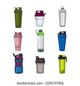 protein shaker set cartoon. bottle sport, drink shake, nutrition gym, whey fitness, cup protein shaker vector illustration