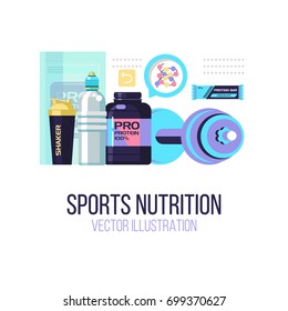 Protein, shakers, dumbbell, energy drinks. Sports nutrition. Fitness. Set of design elements. Vector illustration isolated on white background.