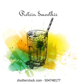 Protein smoothie colorful watercolor effect illustration. Vector illustration of breakfast.
