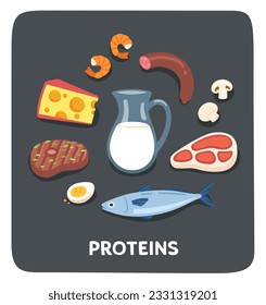 Protein source food group set sticker. Fish, cheese, milk, steak meat, egg, mushroom products healthy nutrition supplement. Healthy food energy category, natural diet flat vector illustration