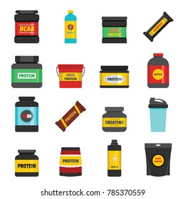 Protein sport nutrition containers icons set. Flat illustration of 16 train toy children vector icons for web