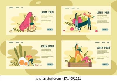 Protein Sport Nutrition and Farm-grown Product. Guy Work out while Sitting on Big Nut. Man in Overalls Sell Vegetable to Client. Girl and Chopped Boiled Egg, Woman with Watering Can Sit on Vegetable.