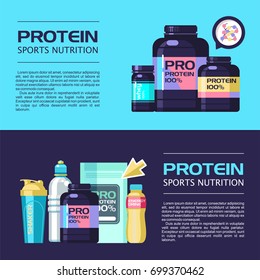 Protein. Sports nutrition. Vector illustration with place for text, banner. Set of design elements.