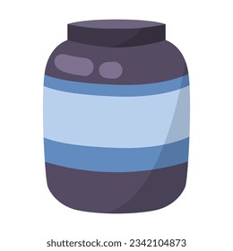 Complemento proteínico en la ilustración del vector de frasco o frasco. Polvo de proteína en recipiente aislado en blanco. Salud, estilo de vida activo, deportes, nutrición, concepto de dieta
