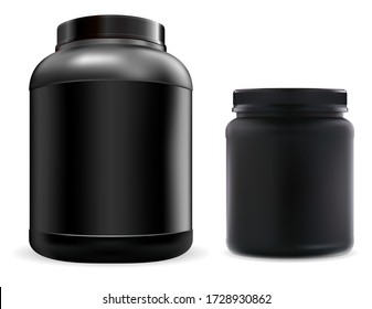 Protein Supplement Jar Mockup. Black Sport Food Powder Container. Fitness Nutrition Canister Design Template For Gym And Workout. 3d Vector Bottle For Amino Bcaa Acids And Casein