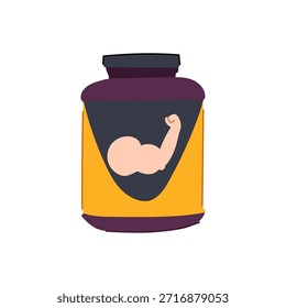 Tarro del suplemento de la proteína que representa la fuerza y el crecimiento del músculo, un elemento significativo en la cultura de la aptitud y del levantamiento de pesas, apoyando el rendimiento y las metas saludables del estilo de vida