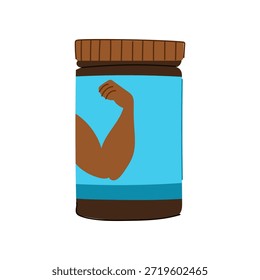 Frasco de suplemento de proteínas que muestra un gráfico de brazo flexible, que simboliza el crecimiento muscular, la fuerza y un estilo de vida saludable a través de la nutrición deportiva y física