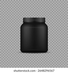 Protein supplement vector. Glossy and matte packaging set with plastic bottle, medical pill jar and powder tub. Mockup design for fitness shake, whey or cosmetic product in blank isolated style.