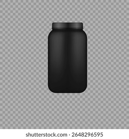 Protein supplement vector. Glossy and matte packaging set with plastic bottle, medical pill jar and powder tub. Mockup design for fitness shake, whey or cosmetic product in blank isolated style.