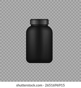 Vetor de suplemento proteico. Embalagem brilhante e fosco conjunto com garrafa plástica, frasco de pílula médica e banheira de pó. Projeto de maquete para fitness shake, soro de leite ou produto cosmético em estilo isolado em branco.