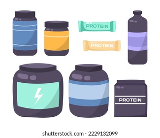Protein supplements in bottles vector illustrations set. Protein powder in different containers isolated on white background. Health, active lifestyle, sports, nutrition, diet concept